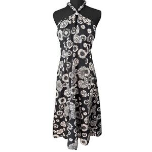Bethany Black White Floral Halter Dress Size 14 Retro‎ Fit Flare Midi Sundress
